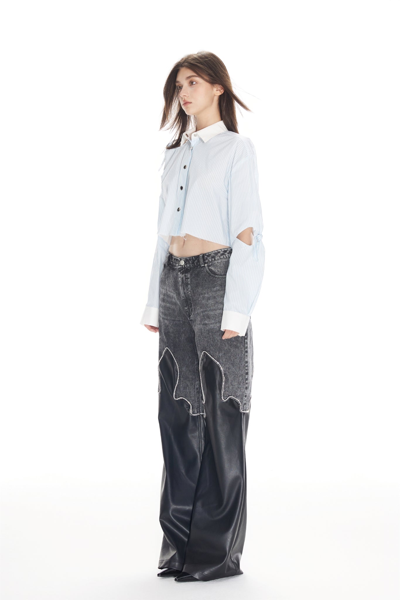 Crystal Flame Leather Panel Jeans