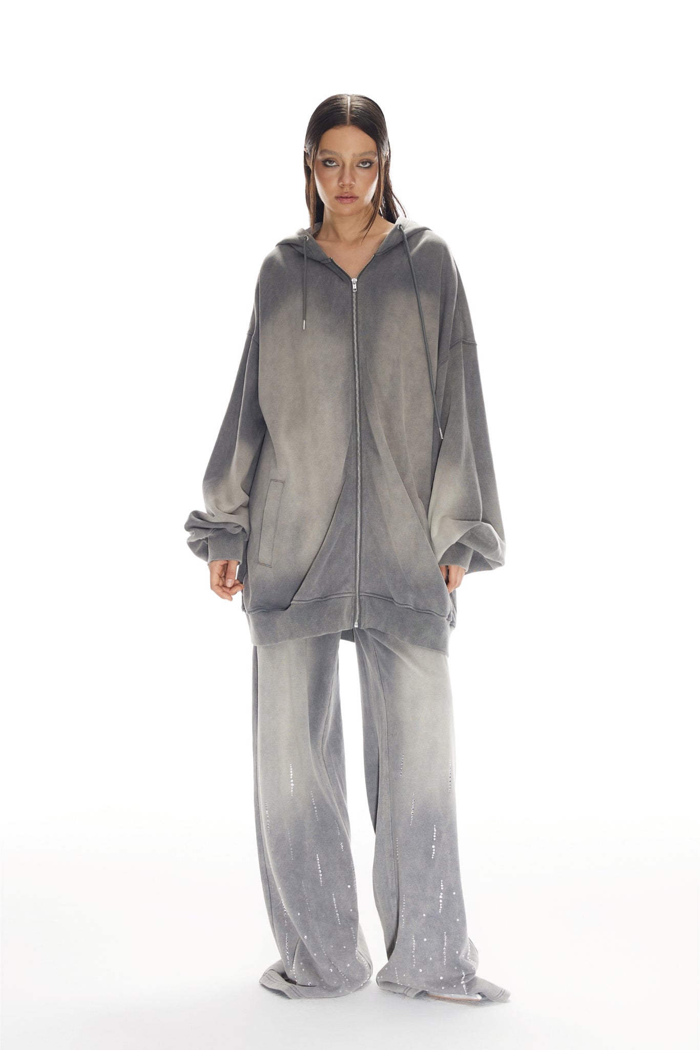 Grey Waterwash Spray-Dye Relaxed Fit Hoodie - Set