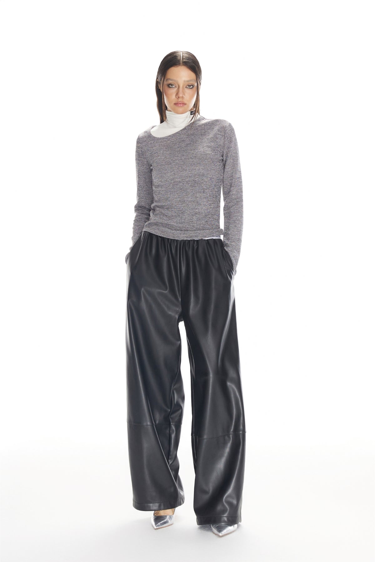 Grey Glitter Raw Edge High Neck Top
