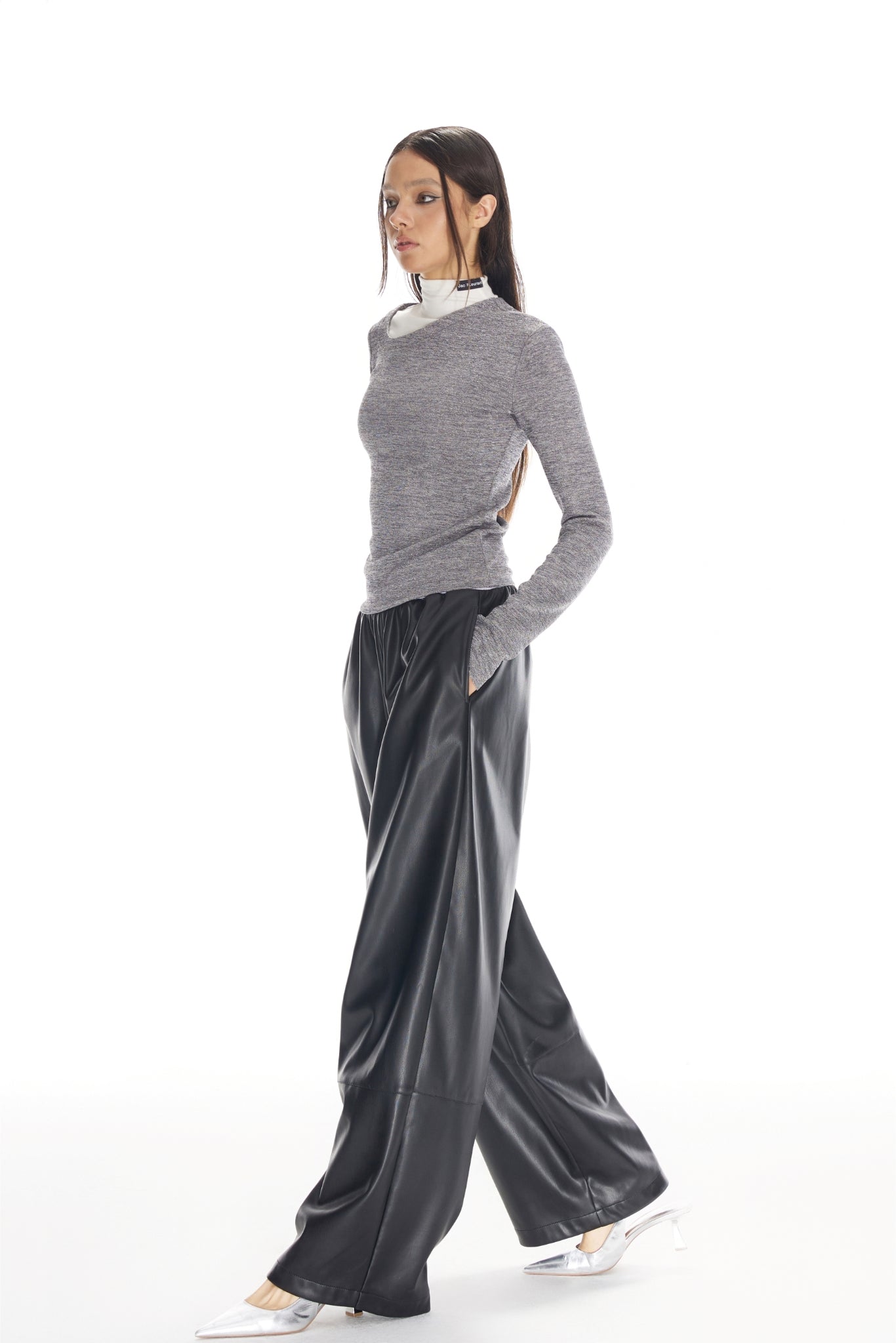 Grey Glitter Raw Edge High Neck Top