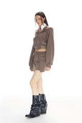 Brown Starry Sky Rhinestone False Two-Piece Collar Hoodie - Set