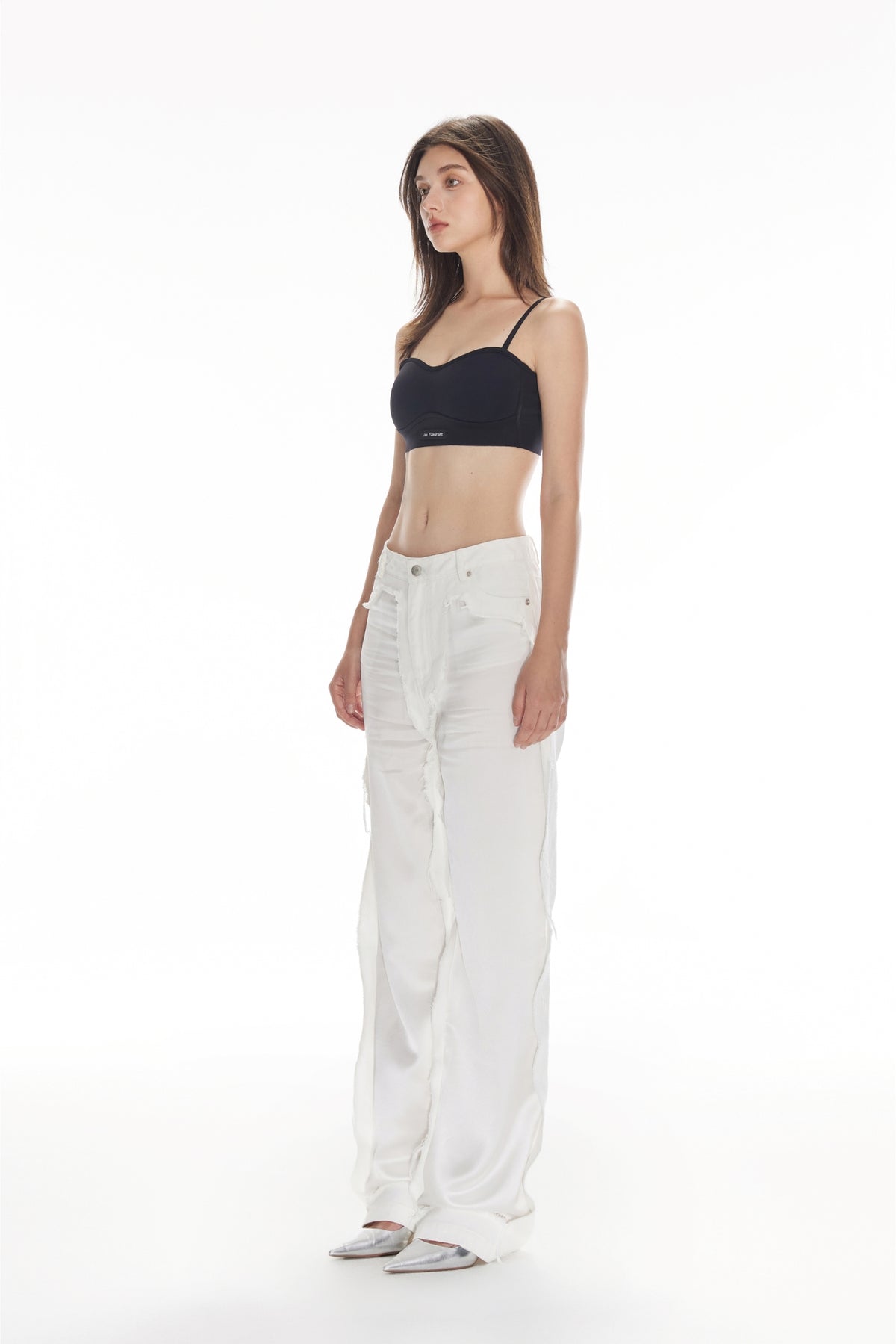 White Satin Panel Raw Edge Jeans