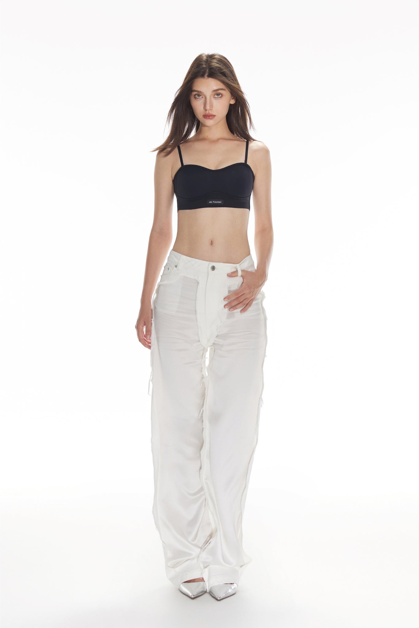 White Satin Panel Raw Edge Jeans