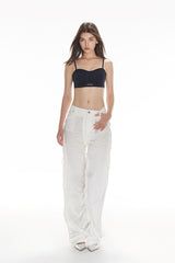 White Satin Panel Raw Edge Jeans