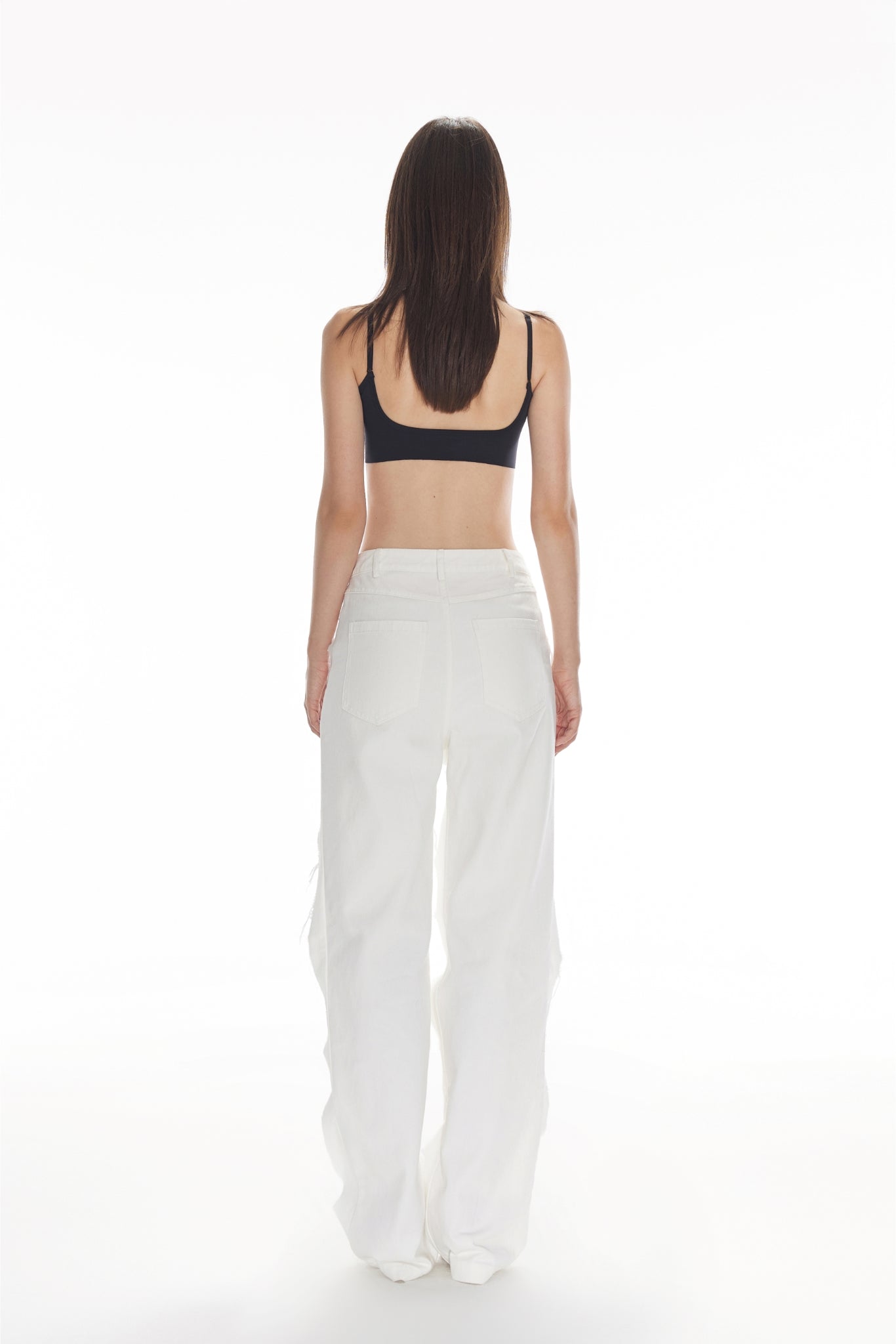 White Satin Panel Raw Edge Jeans