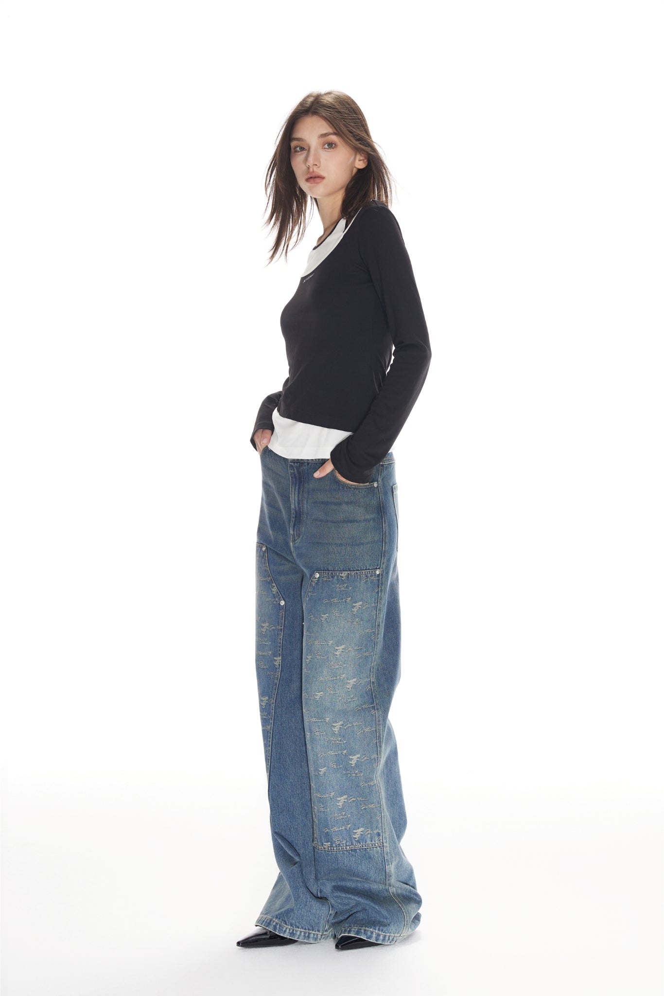 Blue Washed All-Over Logo Patchwork Jeans