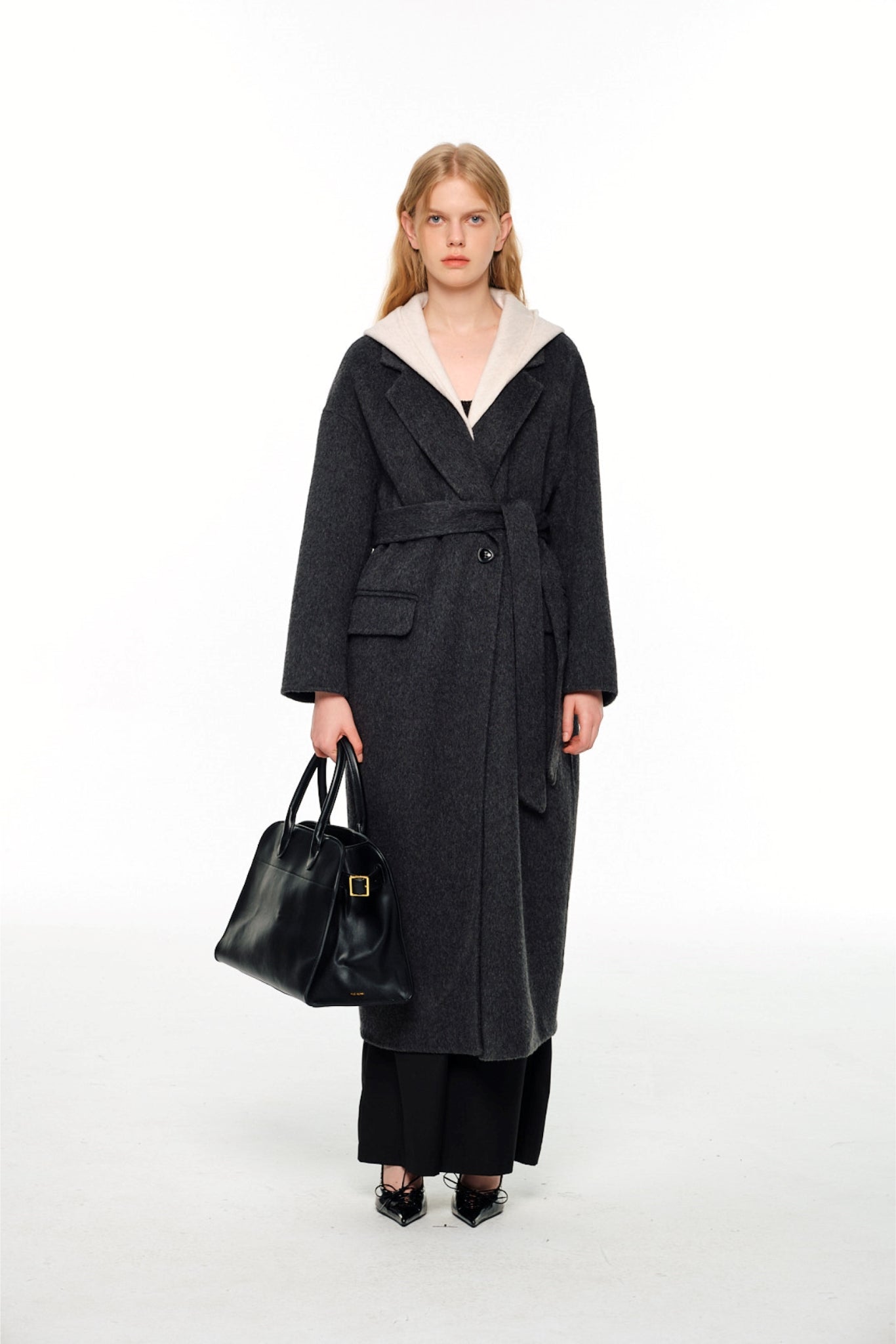 Grey Lace-Up Wool Coat