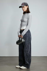 Flocked Denim Curved Hem Pants