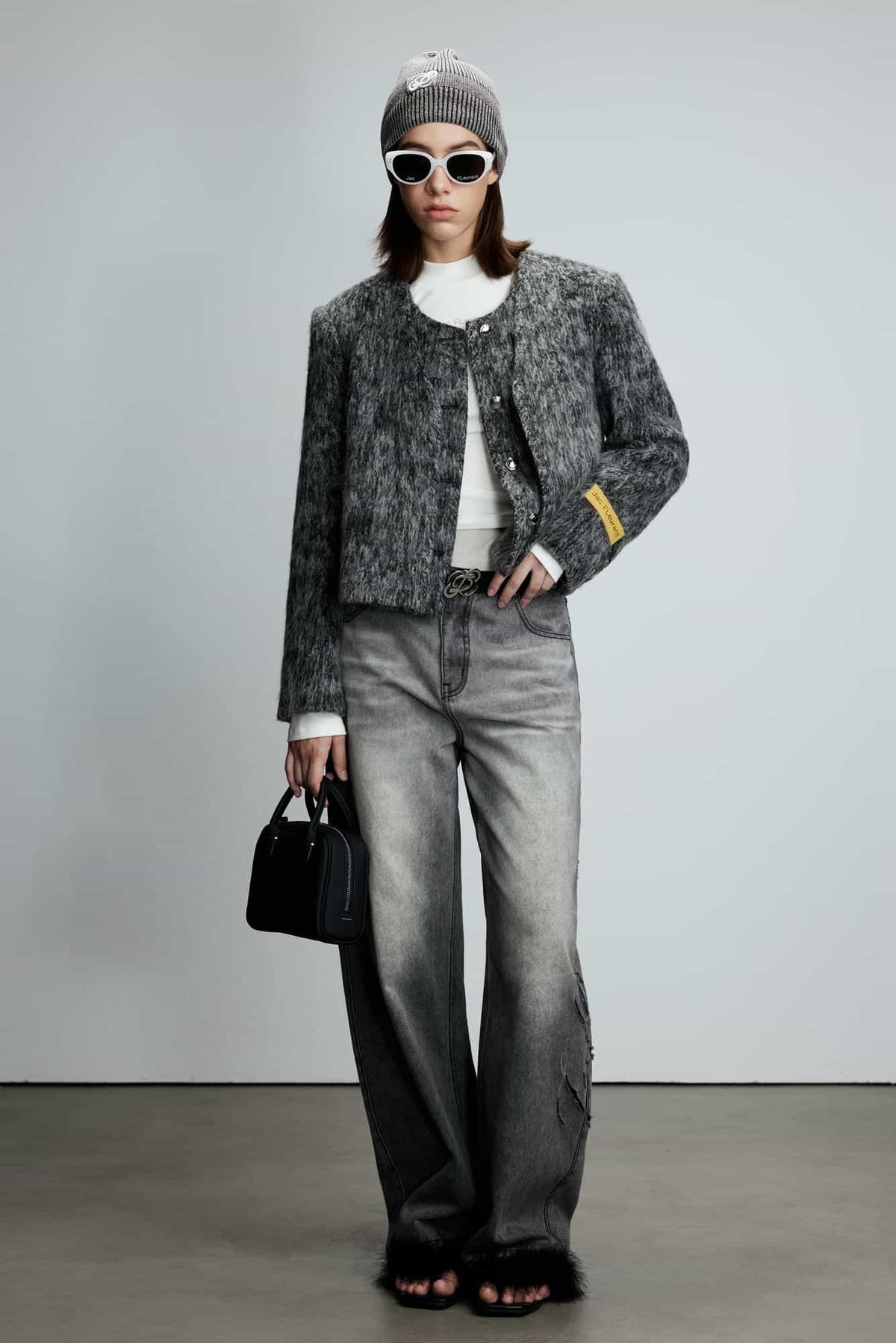 Alpaca Wool Collarless Fake Two-Piece Coat