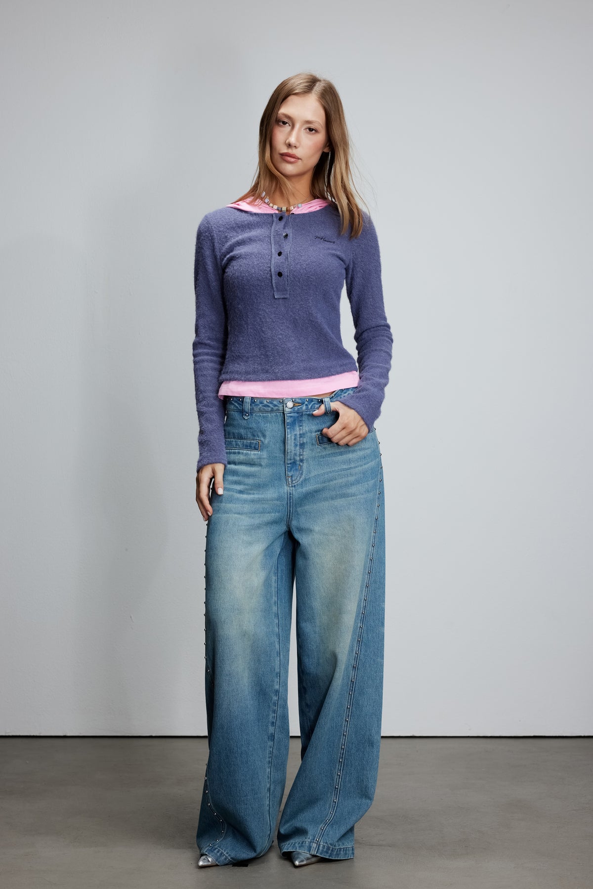 Knitted patchwork faux two-piece striped hooded top