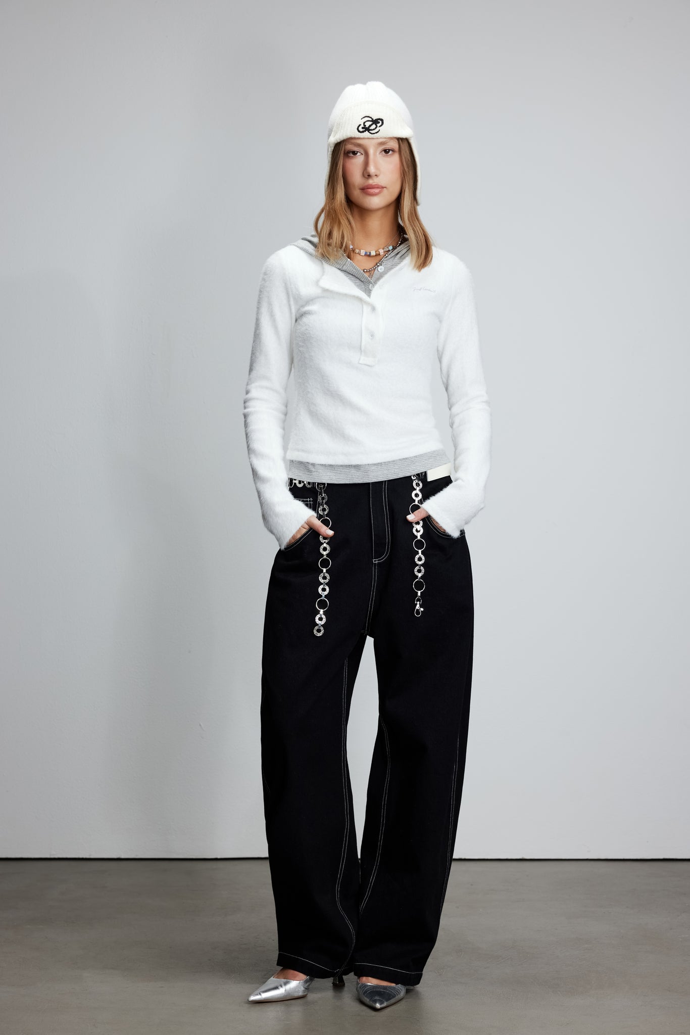 Knitted patchwork faux two-piece striped hooded top