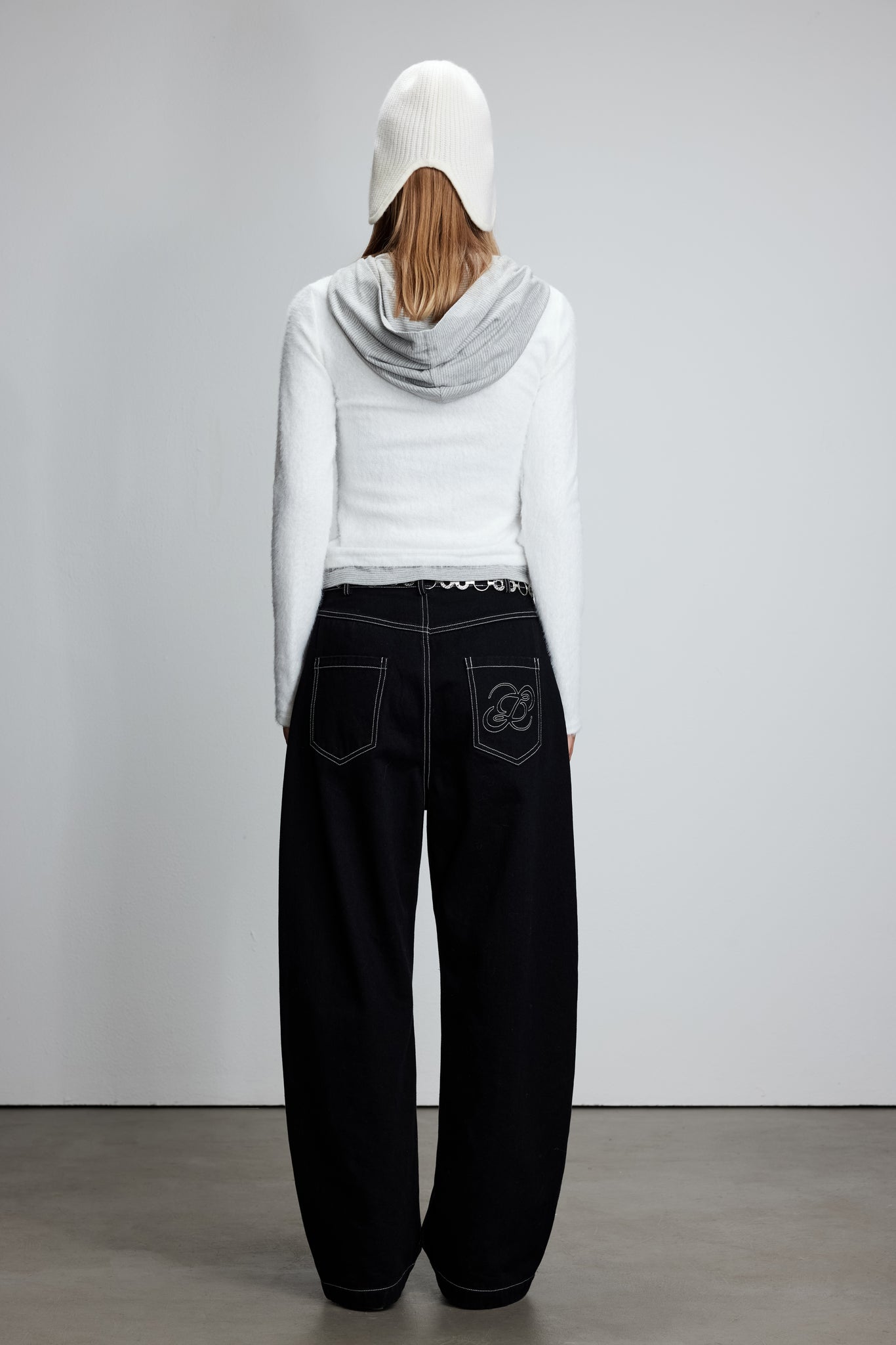 Knitted patchwork faux two-piece striped hooded top