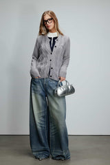 Grey Mohair Fake Two-Piece Cardigan