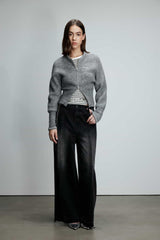 Grey Zip-up Baseball Logo Knit Sweater