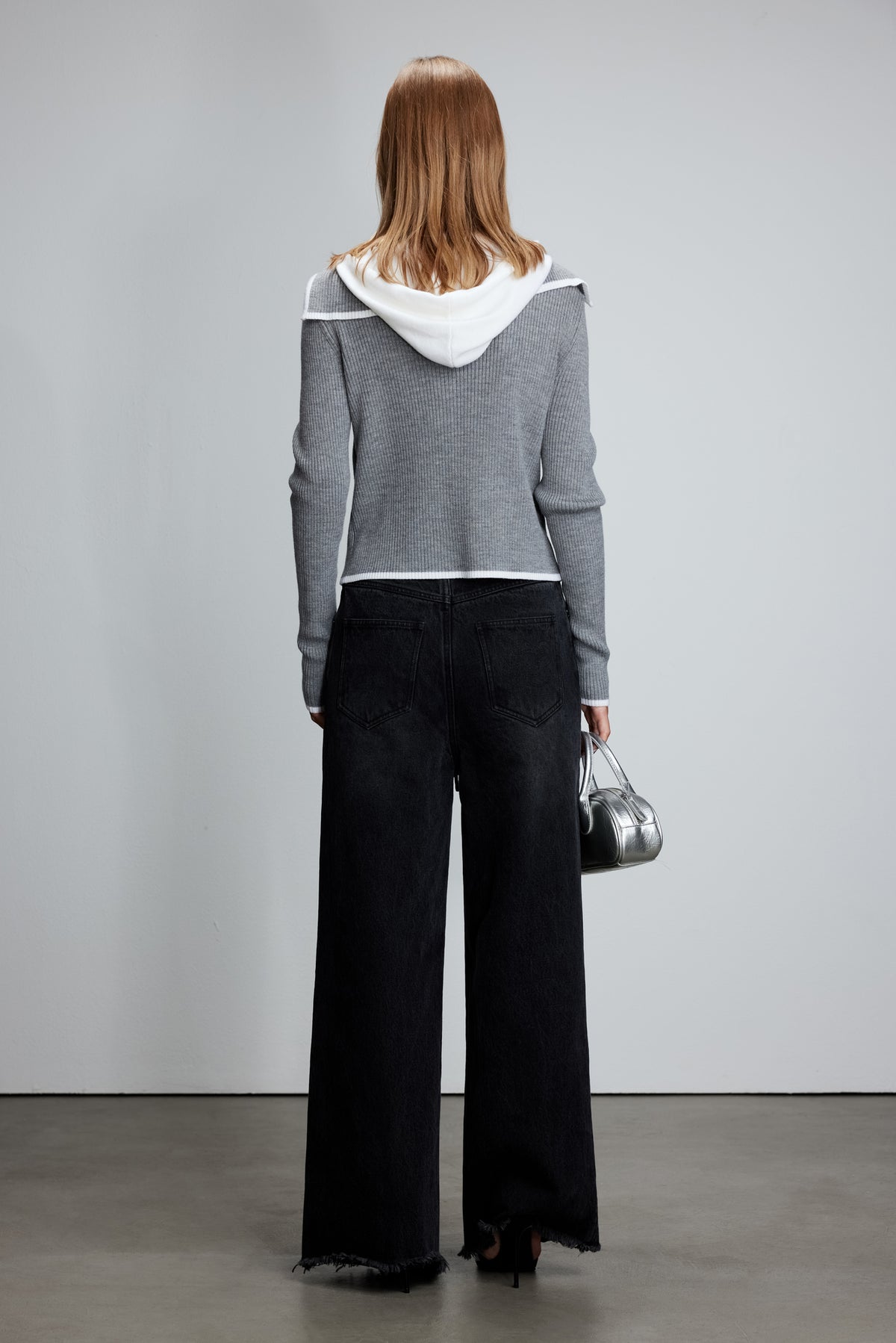 Grey-Pink Color Block Sailor Collar Fake Two-Piece Zip Knit Sweater