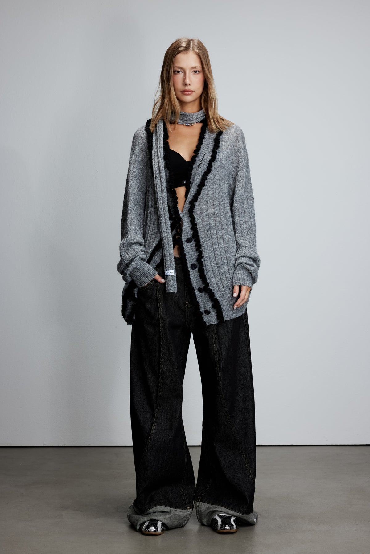 Grey Mohair Lace Trim Cardigan