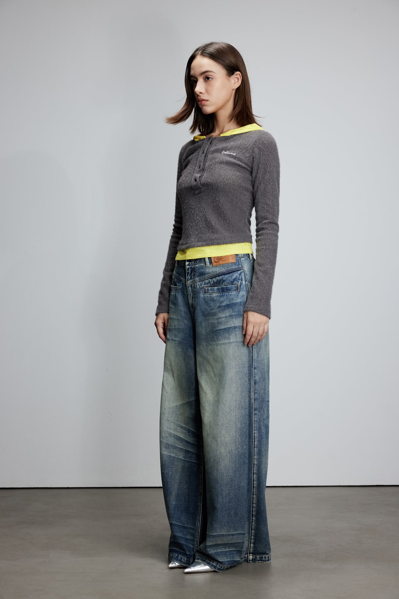 Knitted patchwork faux two-piece striped hooded top