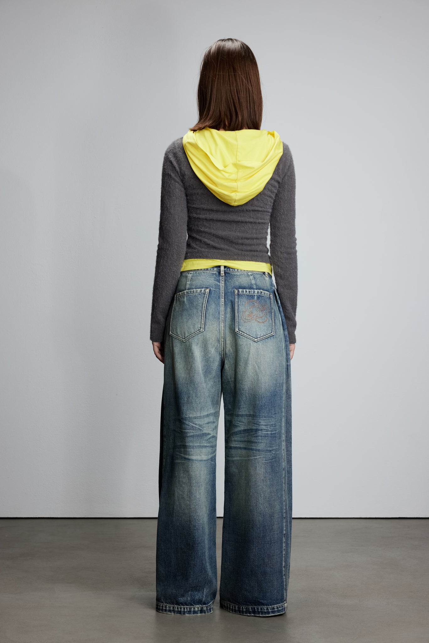 Knitted patchwork faux two-piece striped hooded top