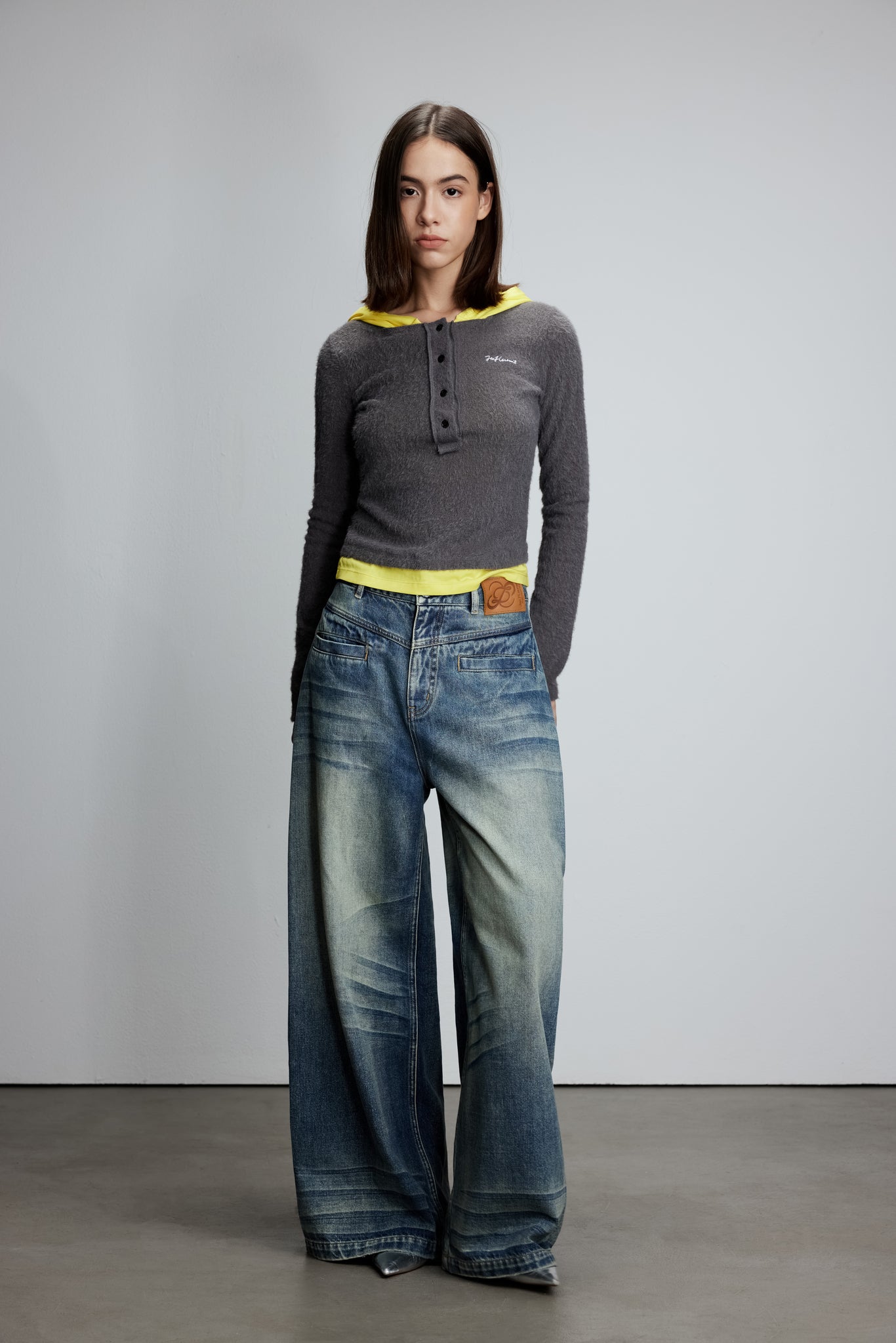 Knitted patchwork faux two-piece striped hooded top