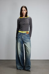 Knitted patchwork faux two-piece striped hooded top
