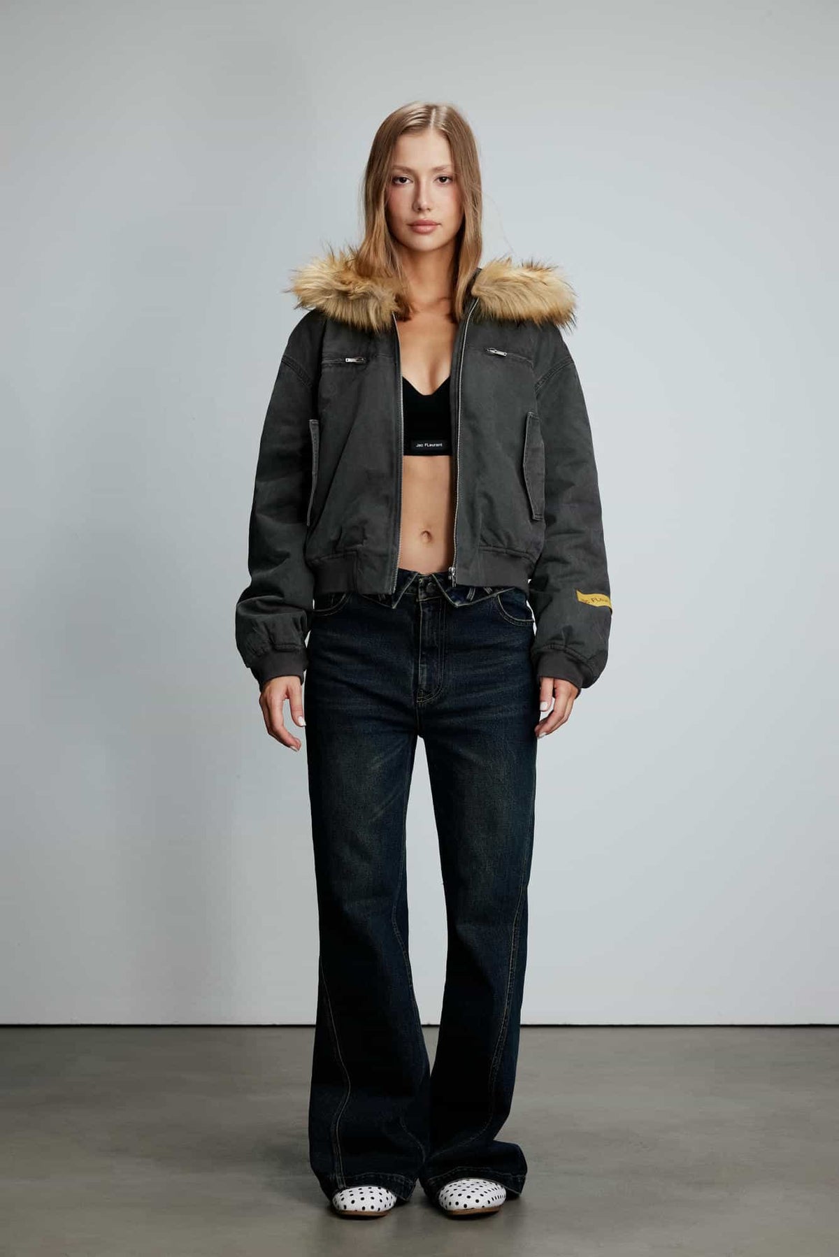 Washed  Cotton Jacket with Knit Panels & Gray Faux Fur Collar