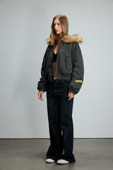 Washed  Cotton Jacket with Knit Panels & Gray Faux Fur Collar