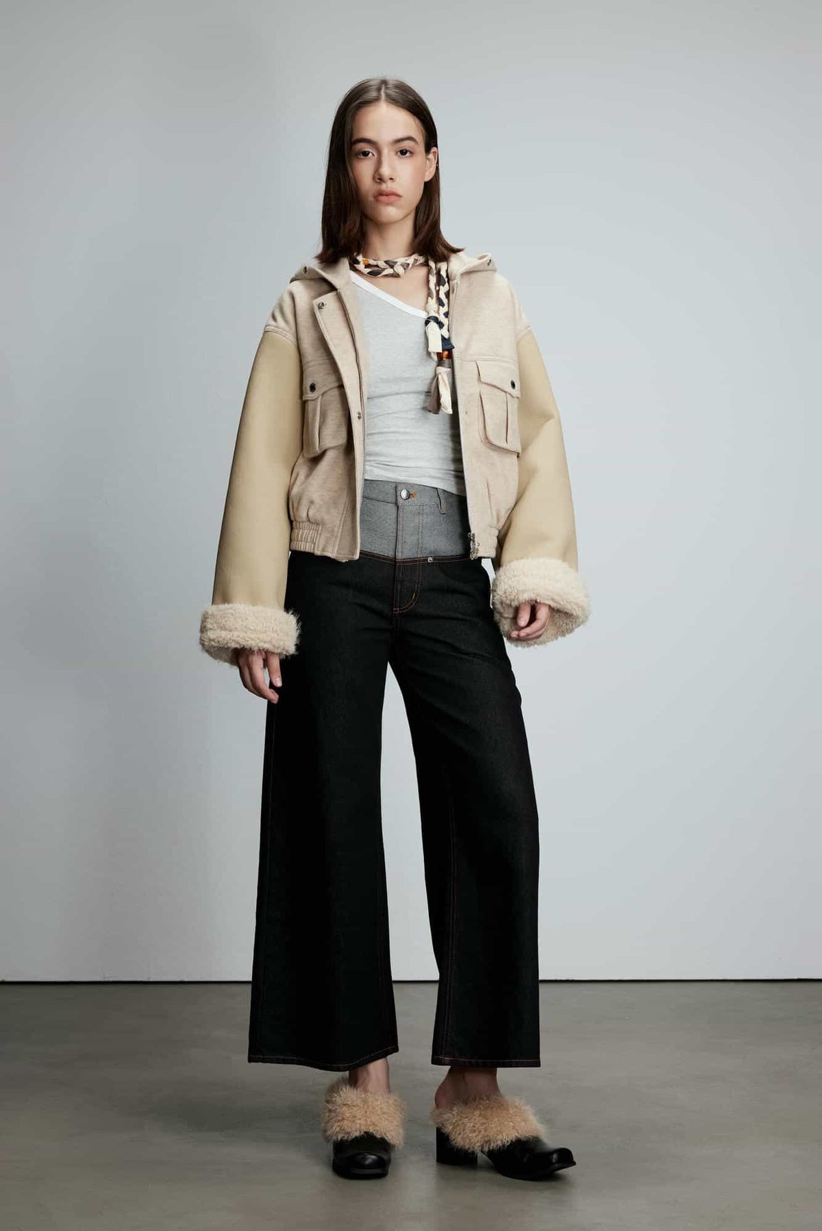 Color-Block  Hooded Cotton  Jacket with Shearling Sleeves