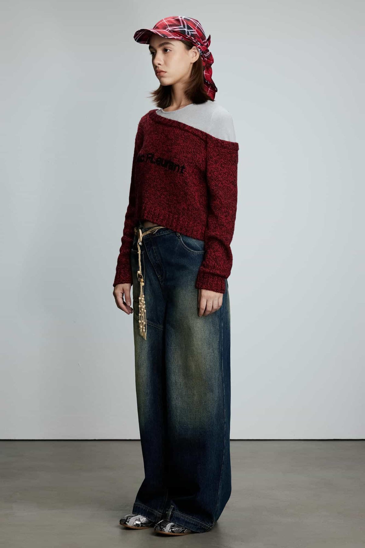 Diagonal Waist Vintage Washed Wide-Leg Pants