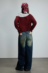 Diagonal Waist Vintage Washed Wide-Leg Pants