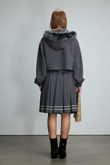 Grey Webbing Trim Pleated Drawstring Wool Blend Skirt