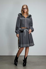Grey Webbing Trim Pleated Drawstring Wool Blend Skirt