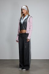 Grey-Pink Color Block Sailor Collar Fake Two-Piece Zip Knit Sweater