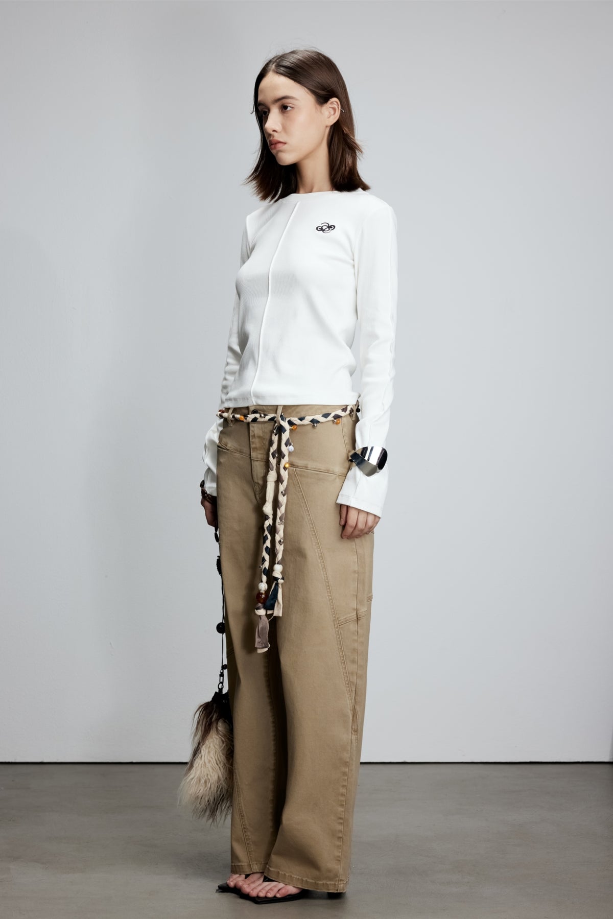 White Embroidered Logo Seam Detail Long Sleeve Top