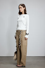 White Embroidered Logo Seam Detail Long Sleeve Top