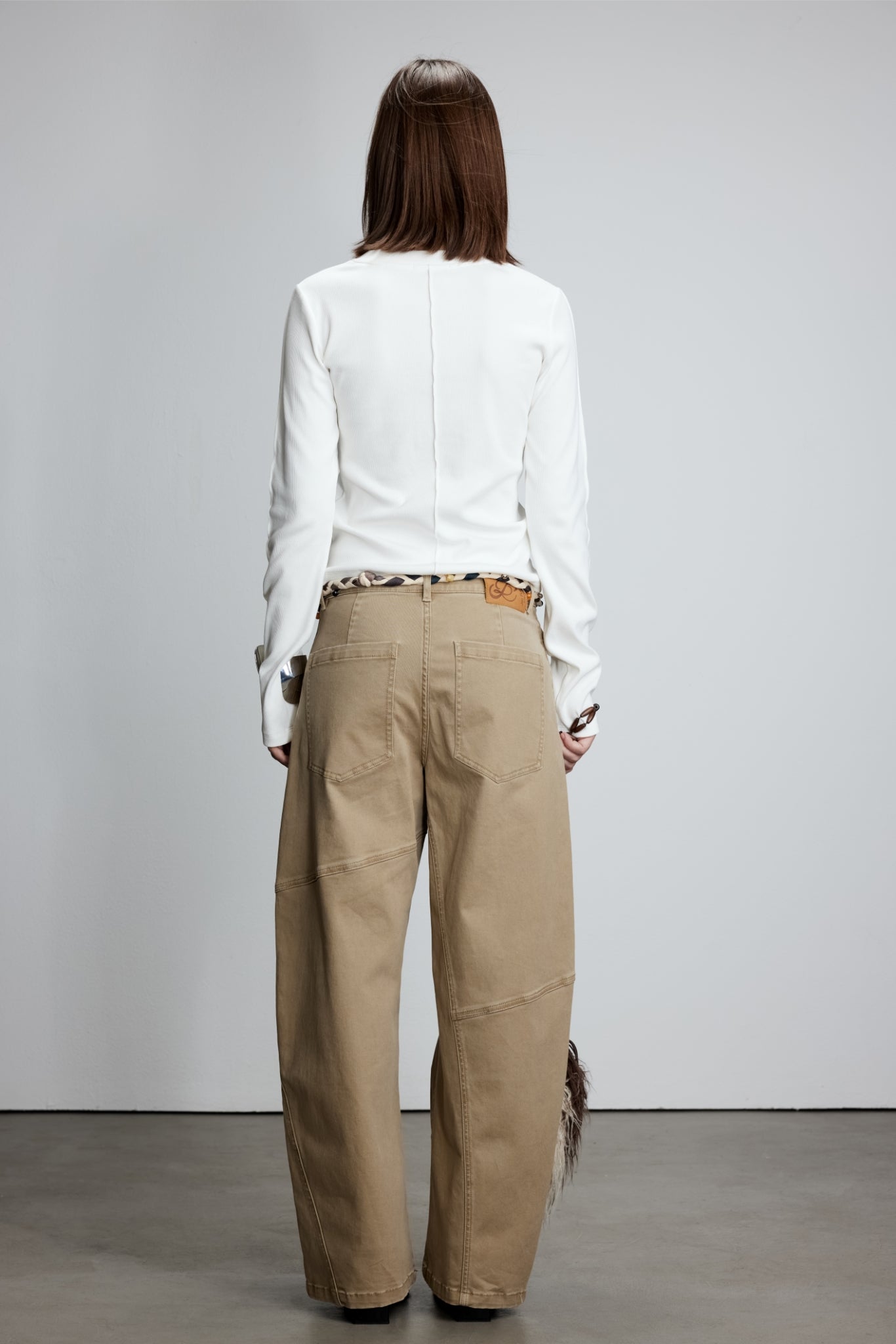 White Embroidered Logo Seam Detail Long Sleeve Top