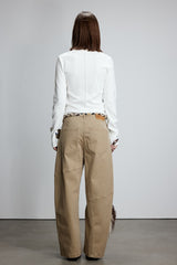 White Embroidered Logo Seam Detail Long Sleeve Top