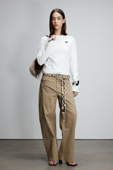 White Embroidered Logo Seam Detail Long Sleeve Top