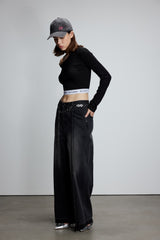 Elastic Rib Logo Black One-Shoulder Top