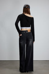 Elastic Rib Logo Black One-Shoulder Top