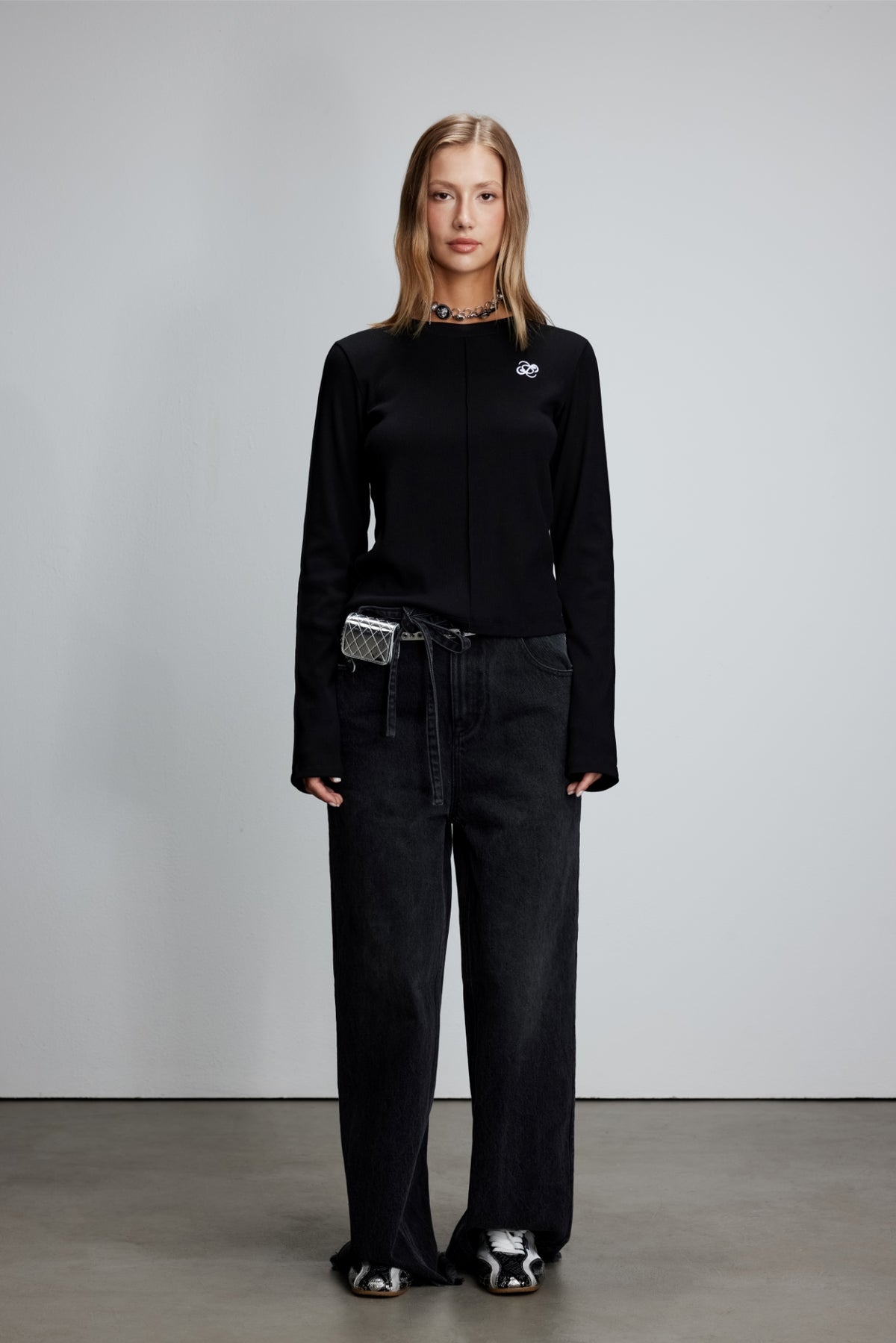 Black Embroidered Logo Seam Detail Long Sleeve Top