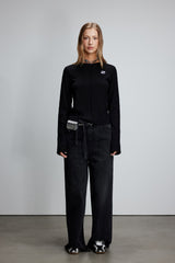 Black Embroidered Logo Seam Detail Long Sleeve Top