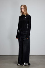 Black Embroidered Logo Seam Detail Long Sleeve Top