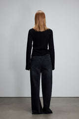 Black Embroidered Logo Seam Detail Long Sleeve Top