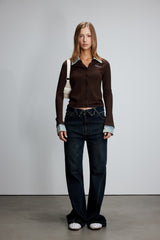Denim Collar Striped Knit Button-Up Cardigan