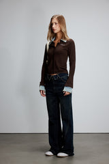 Denim Collar Striped Knit Button-Up Cardigan