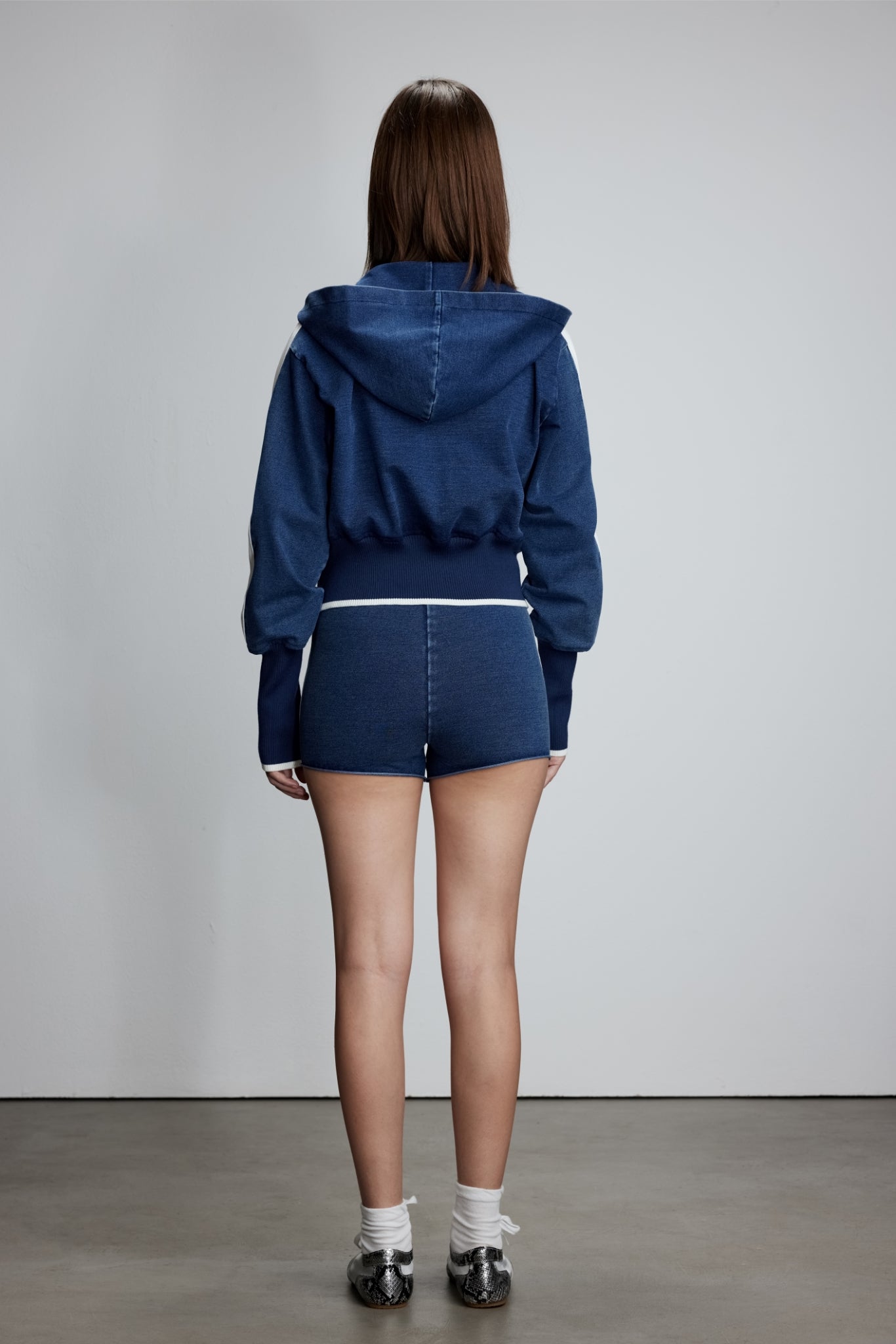 Side-Stripe Knit Denim Zip-Up Top - Set