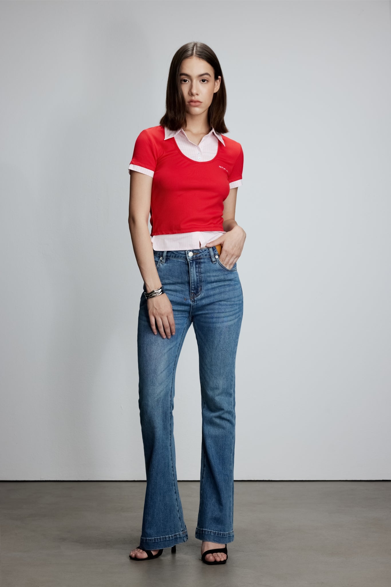 Knit Panel Shirt Collar Short Sleeve Top
