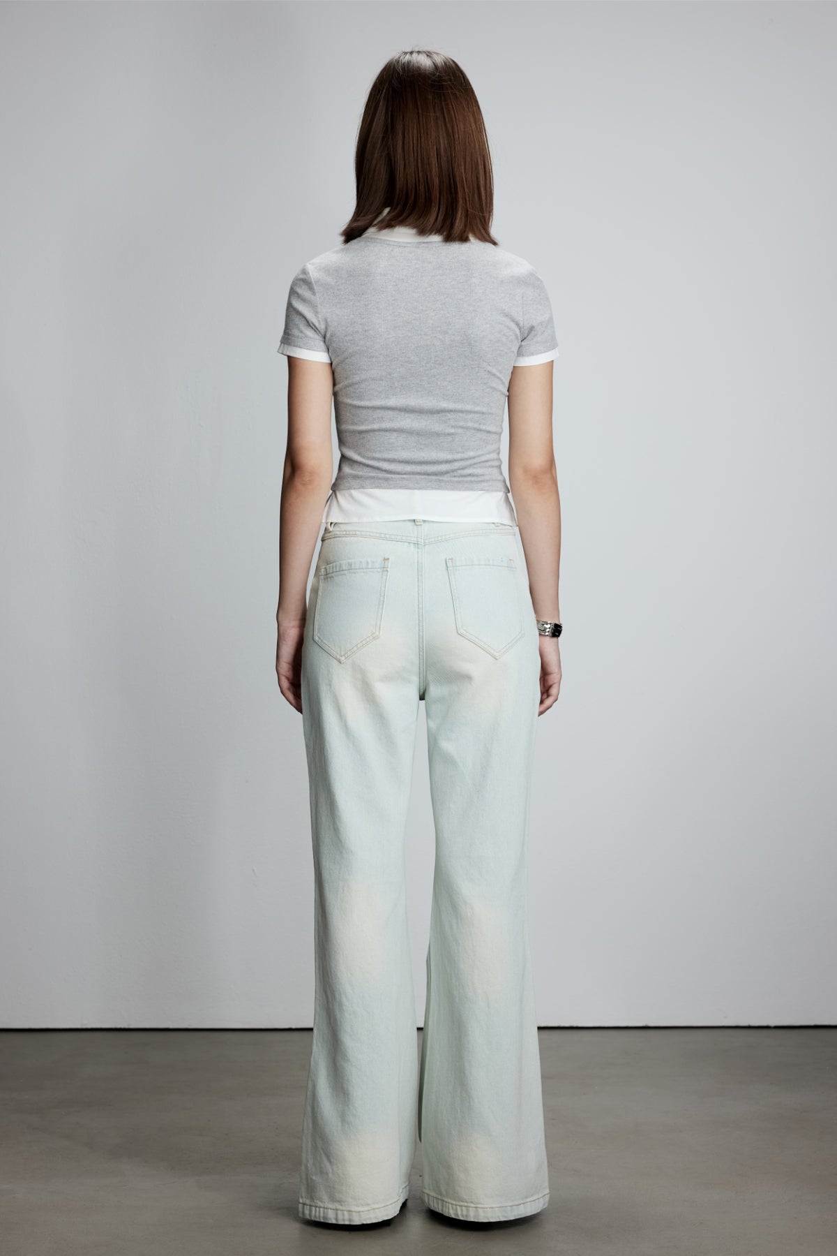 Knit Panel Shirt Collar Short Sleeve Top