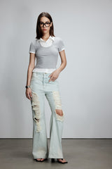 Knit Panel Shirt Collar Short Sleeve Top