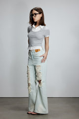Knit Panel Shirt Collar Short Sleeve Top
